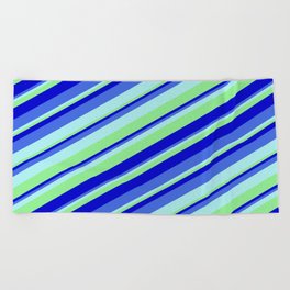 [ Thumbnail: Turquoise, Light Green, Blue, and Royal Blue Colored Stripes/Lines Pattern Beach Towel ]