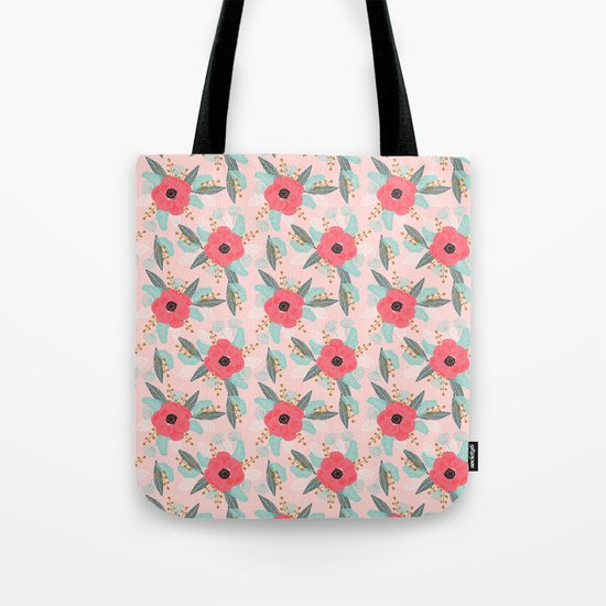 Poppies pink pastel red florals flowers pattern boho dorm college trendy garden plants poppy flower Tote Bag