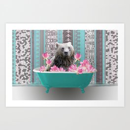 Brown big big bear turquoise bathtub lotos flowers Art Print