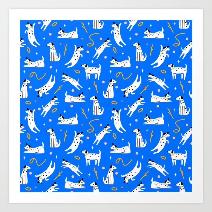 Playful Dogs Pattern Cobalt Blue Art Print