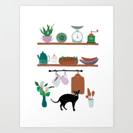Kitchen shelves Art Print | Illustration, Shelves, Graphicdesign, Dishes, Kitchenutensils, Digital, Kitchen, Cozy, Apartment, House 