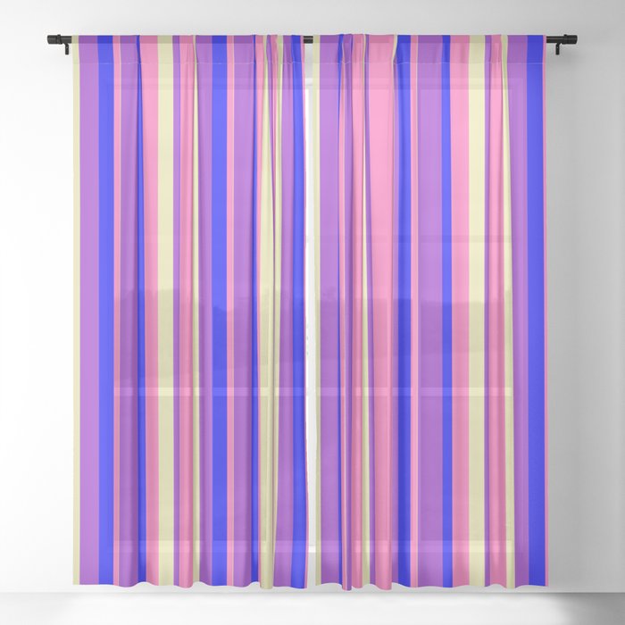 Hot Pink, Pale Goldenrod, Dark Orchid & Blue Colored Stripes Pattern Sheer Curtain