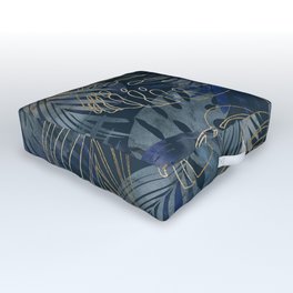 Mystic Jungle Monstera And Palm Leaves Blue And Gold Outdoor Floor Cushion