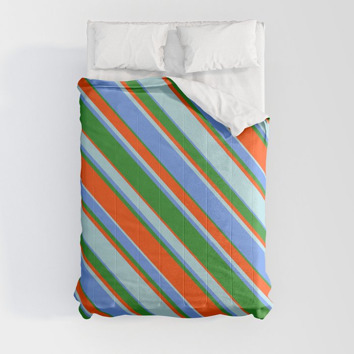 Cornflower Blue, Forest Green, Red, and Powder Blue Colored Lines Pattern Comforter