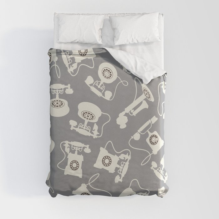 Vintage Rotary Dial Telephone Pattern on Silver Grey Duvet Cover