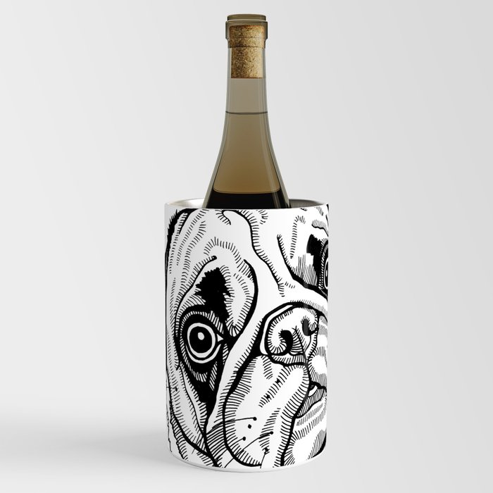 Cute Pug Dog Black and White Pop Art, Line Drawing Portrait of a Pug Wine Chiller
