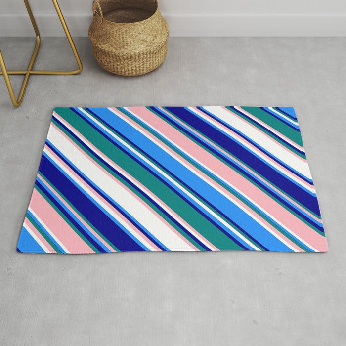 Colorful Blue, Dark Blue, Teal, Light Pink, and White Colored Lines Pattern Rug