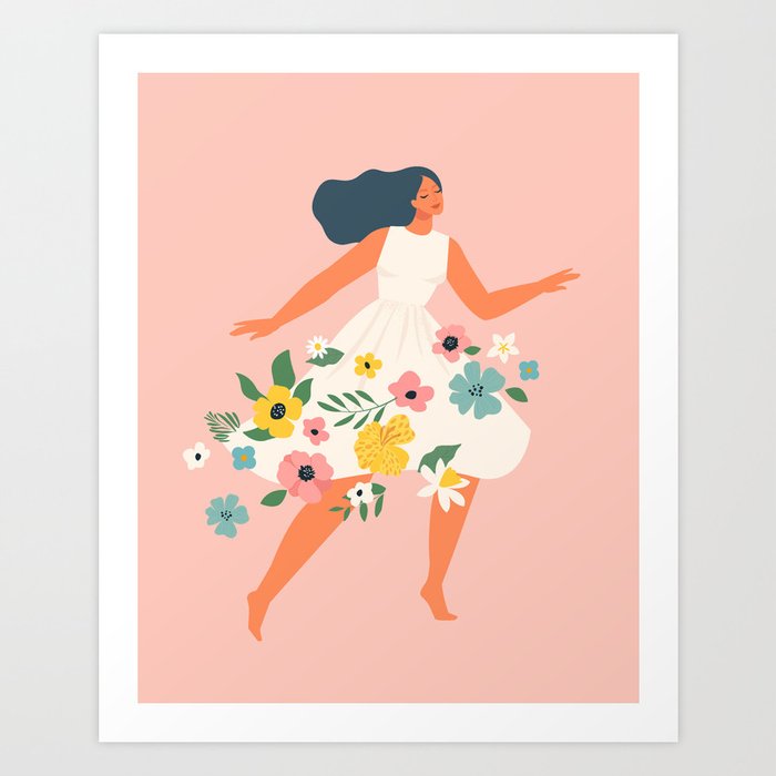 Dancing woman with flowers Art Print