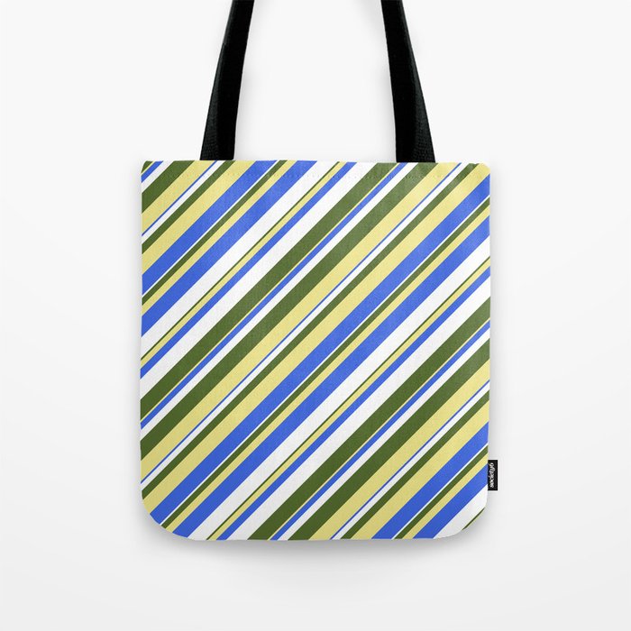 Dark Olive Green, Tan, Royal Blue, and White Colored Stripes Pattern Tote Bag