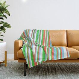 [ Thumbnail: Red, Sky Blue, Mint Cream, and Lime Green Colored Pattern of Stripes Throw Blanket ]