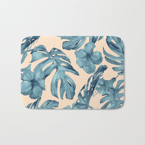 Island Vacay Hibiscus Palm Pale Coral Teal Blue Bath Mat