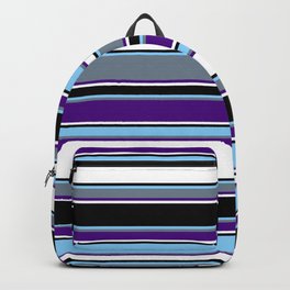 [ Thumbnail: Light Sky Blue, Slate Gray, Indigo, White, and Black Colored Lines/Stripes Pattern Backpack ]