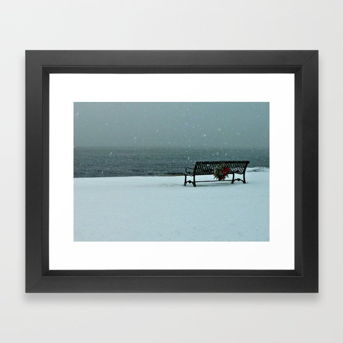 Lone Bench in winter Framed Art Print