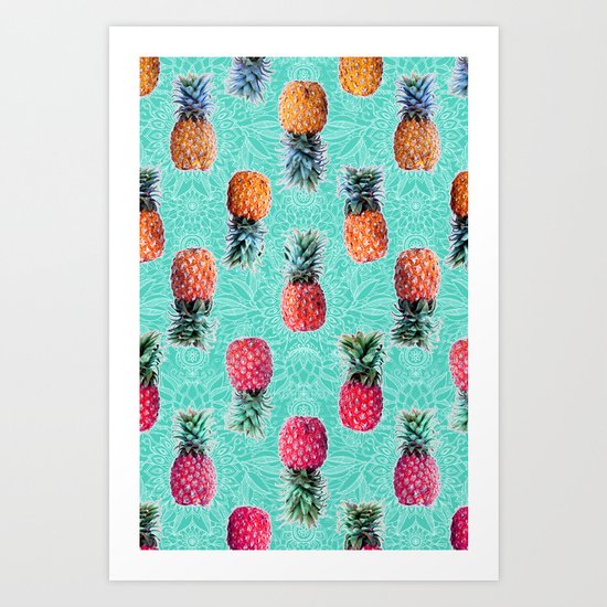 From Pineapple to Pink - tropical doodle pattern on mint Art Print