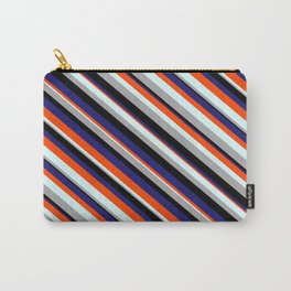 [ Thumbnail: Eye-catching Red, Light Cyan, Dark Grey, Black, and Midnight Blue Colored Stripes Pattern Carry-All Pouch ]