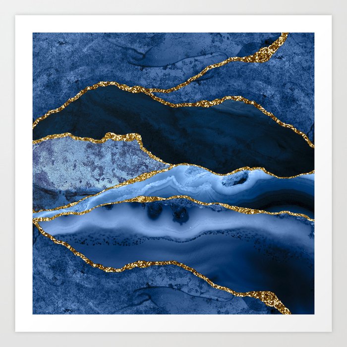 Ocean Waves Marble Blue And Golden  Art Print