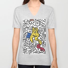 Hand Drawn Graffiti Art With Monsters in Black and White and Color V Neck T Shirt