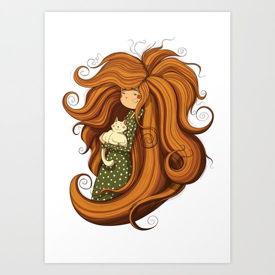 Girl and white cat Art Print