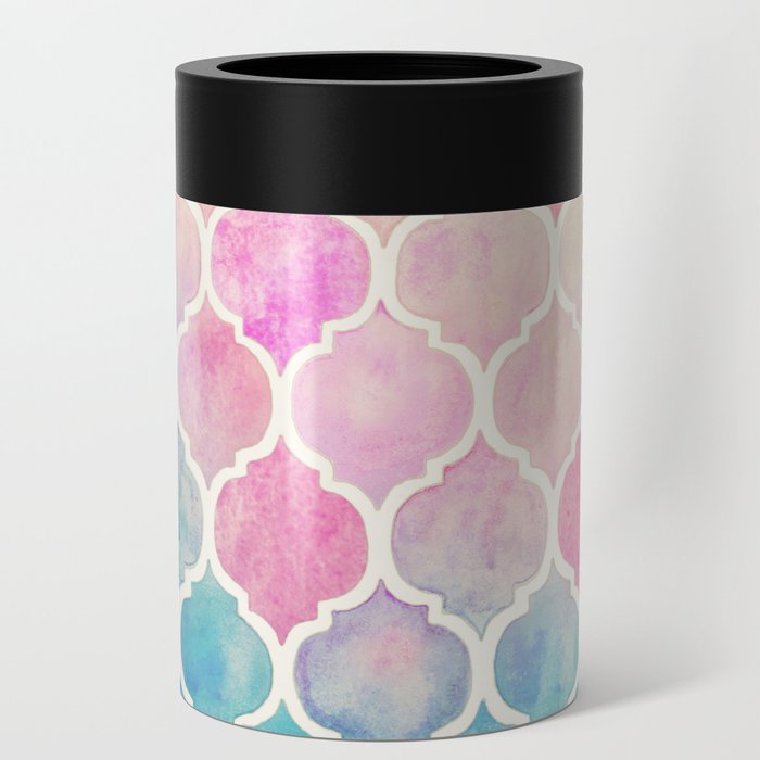 Rainbow Pastel Watercolor Moroccan Pattern Can Cooler