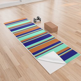 [ Thumbnail: Chocolate, Aquamarine & Blue Colored Stripes Pattern Yoga Towel ]