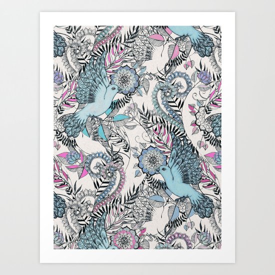 Flight of Fancy - pink, teal, cream Art Print