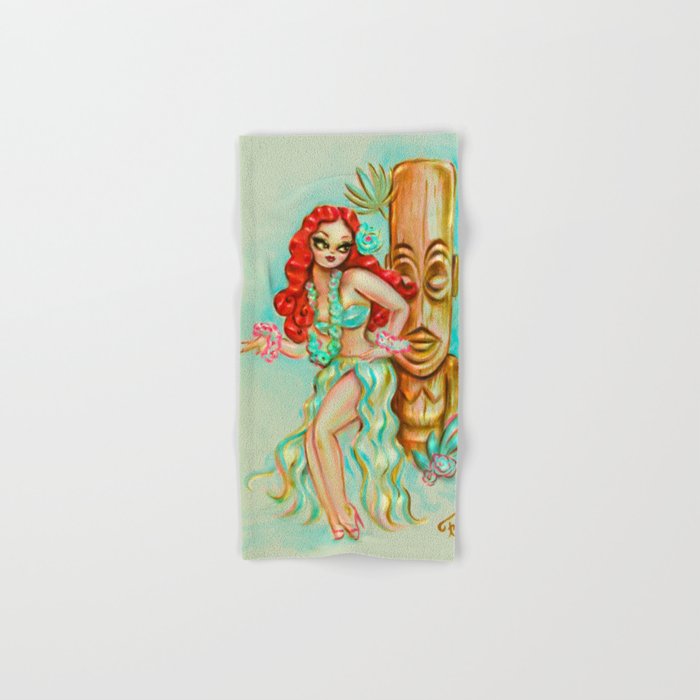 Redhead Hula Girl with Tiki Hand & Bath Towel