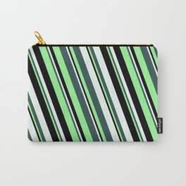 [ Thumbnail: Dark Slate Gray, Green, Black & Mint Cream Colored Stripes/Lines Pattern Carry-All Pouch ]