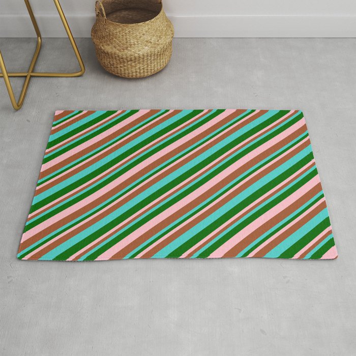 Turquoise, Dark Green, Pink, and Sienna Colored Lines Pattern Rug