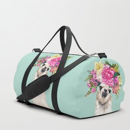 Flower Crown Llama in Green Duffle Bag