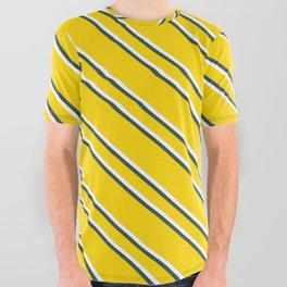 [ Thumbnail: Yellow, White, and Dark Slate Gray Colored Lined/Striped Pattern All Over Graphic Tee ]