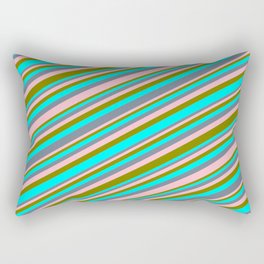 [ Thumbnail: Cyan, Slate Gray, Pink & Green Colored Lines Pattern Rectangular Pillow ]