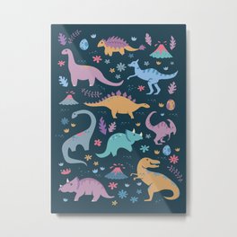 Dinosaur + Flowers Pattern Metal Print | Dinosaurs, Triceratops, Jurassic, Floral Dinosaur, Graphicdesign, Blue Dinosaur, Stegosaurus, T Rex, Purple Dinosaur, Prehistoric 