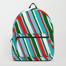 [ Thumbnail: Sky Blue, Red, Dark Turquoise, White, and Dark Green Colored Striped Pattern Backpack ]