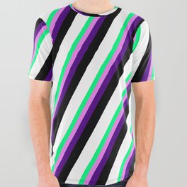 [ Thumbnail: Vibrant Green, Violet, Indigo, Black, and White Colored Striped/Lined Pattern All Over Graphic Tee ]
