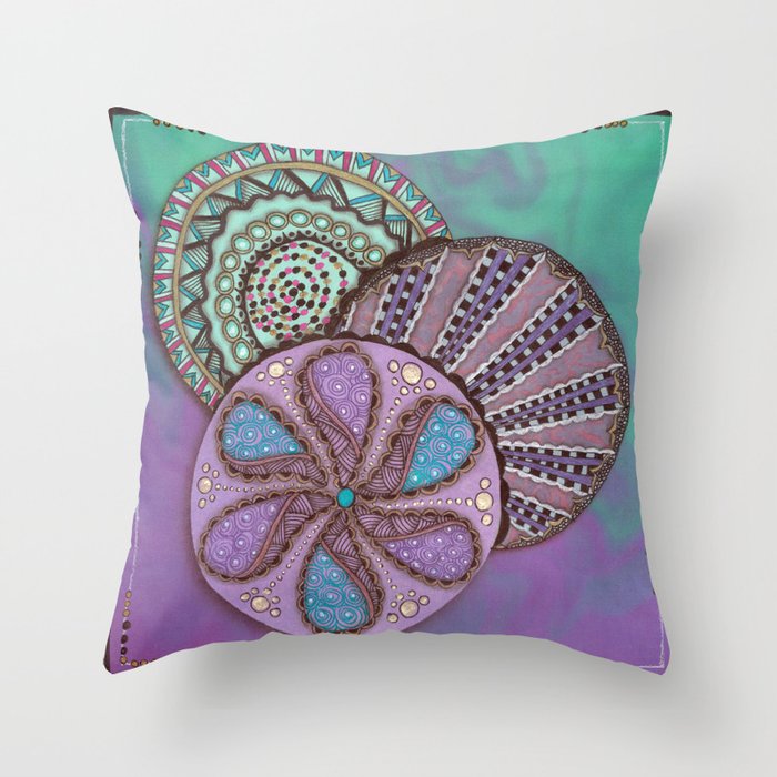 Tri Mandalas in Purple and Green Throw Pillow