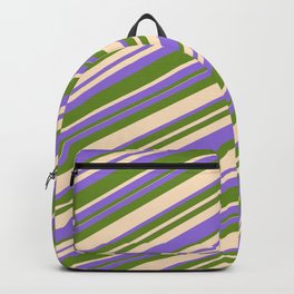 [ Thumbnail: Purple, Green, and Bisque Colored Lined Pattern Backpack ]