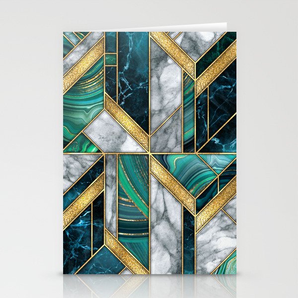 Art Deco Jewel Green + Gold Marble Geometry Stationery Cards