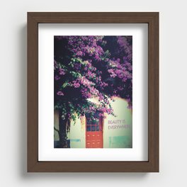 Purple Bougainvillea plant and wooden door, Obidos, Portugal "Beauty Is Everywhere" quote Recessed Framed Print