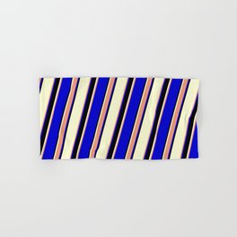 [ Thumbnail: Light Yellow, Dark Salmon, Blue, and Black Colored Striped/Lined Pattern Hand & Bath Towel ]