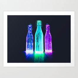 Three Colorful Bottles Blue Green And Purple Lightful Light Art Print