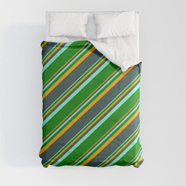 [ Thumbnail: Orange, Dark Slate Gray, Aquamarine, and Green Colored Stripes Pattern Comforter ]
