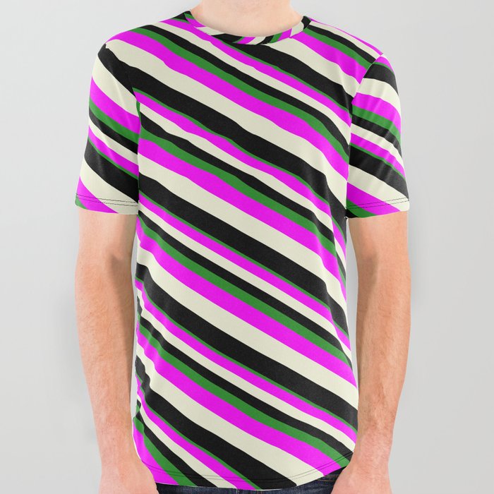 Forest Green, Fuchsia, Beige, and Black Colored Lined/Striped Pattern All Over Graphic Tee
