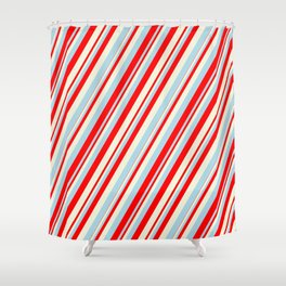 [ Thumbnail: Light Blue, Red, and Beige Colored Lines/Stripes Pattern Shower Curtain ]