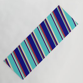 [ Thumbnail: Tan, Turquoise, Red & Blue Colored Lined Pattern Yoga Mat ]