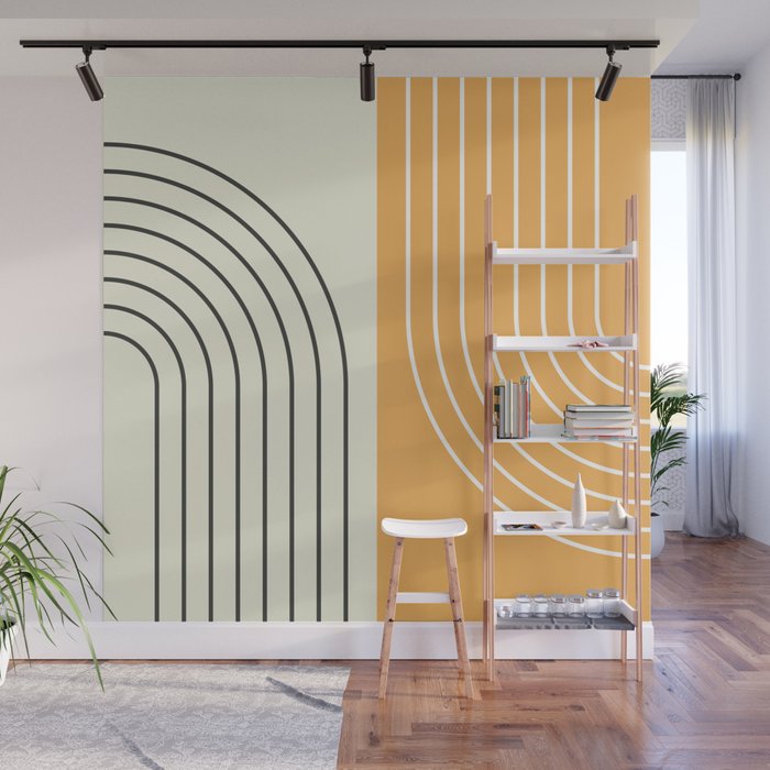 Abstract Geometric Rainbow Lines 2 in Black and Gold Wall Mural