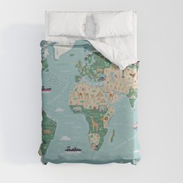 Illustrated World Map with animals, continents and architecture Duvet Cover