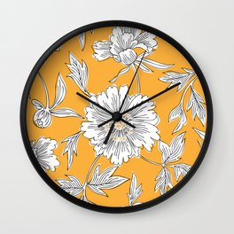 Hand drawn abstract garden flowers. Contour drawing. Large daisy heads in bloom. Summer floral seamless pattern. Line art flowers. Detailed outline sketch drawing. Wall Clock