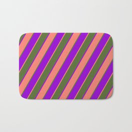 [ Thumbnail: Dark Olive Green, Dark Violet & Salmon Colored Striped/Lined Pattern Bath Mat ]