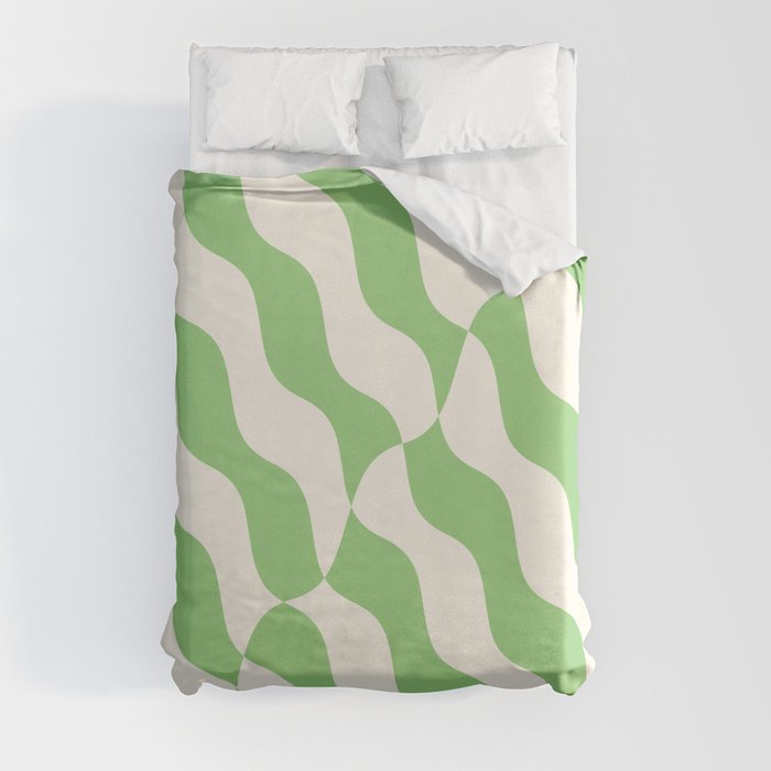 Retro Wavy Abstract Swirl Pattern in Green & White Duvet Cover