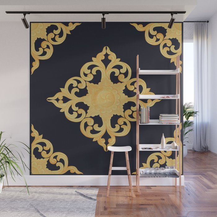 Antique Decoration with Wood Carve Gold Paint on Black Pattern Wall Mural